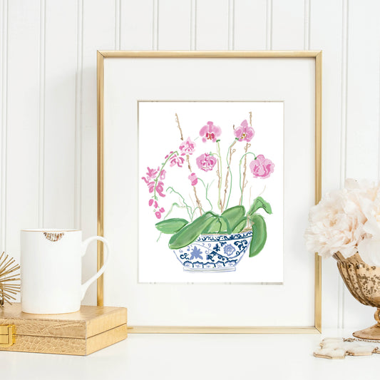 Art Print, Pink Orchids in Chinoiserie Vase