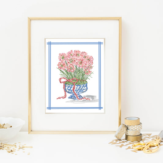 Art Print, Red Flowers in Vase with Bow