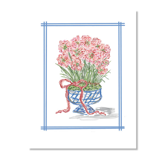 Boxed Folded Note Card Set, Red Flowers in Vase with Bow